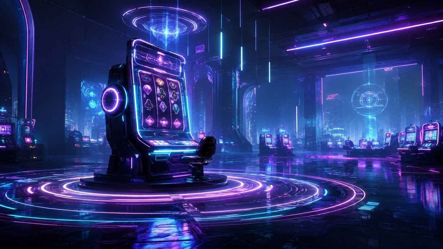 Futuristic Arcade Wallpaper 4K Cyberpunk Casino dan Neon Gaming Room untuk Desktop